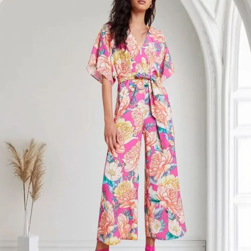 FARM Rio Eulalie Pink Floral Wide Leg Jumpsuit XS